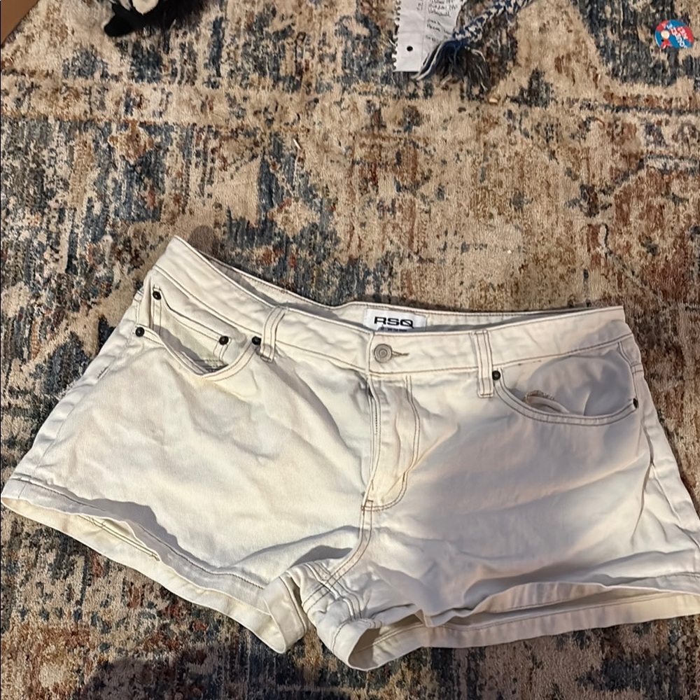 RSQ Cream Jean Shorts Distressed Raw Hem